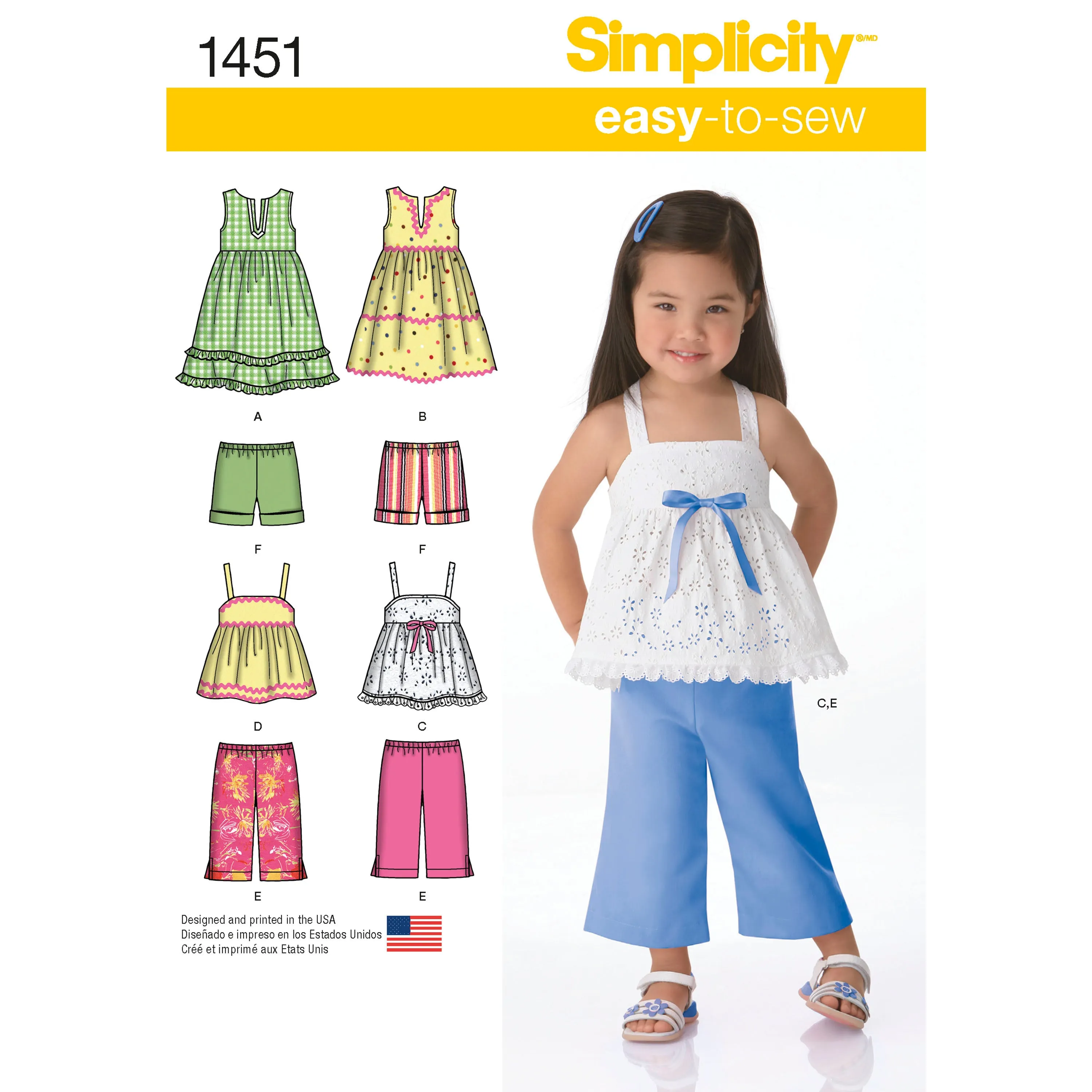 Simplicity Pattern 1451 Toddlers' Dresses, Top, Cropped Trousers and Shorts