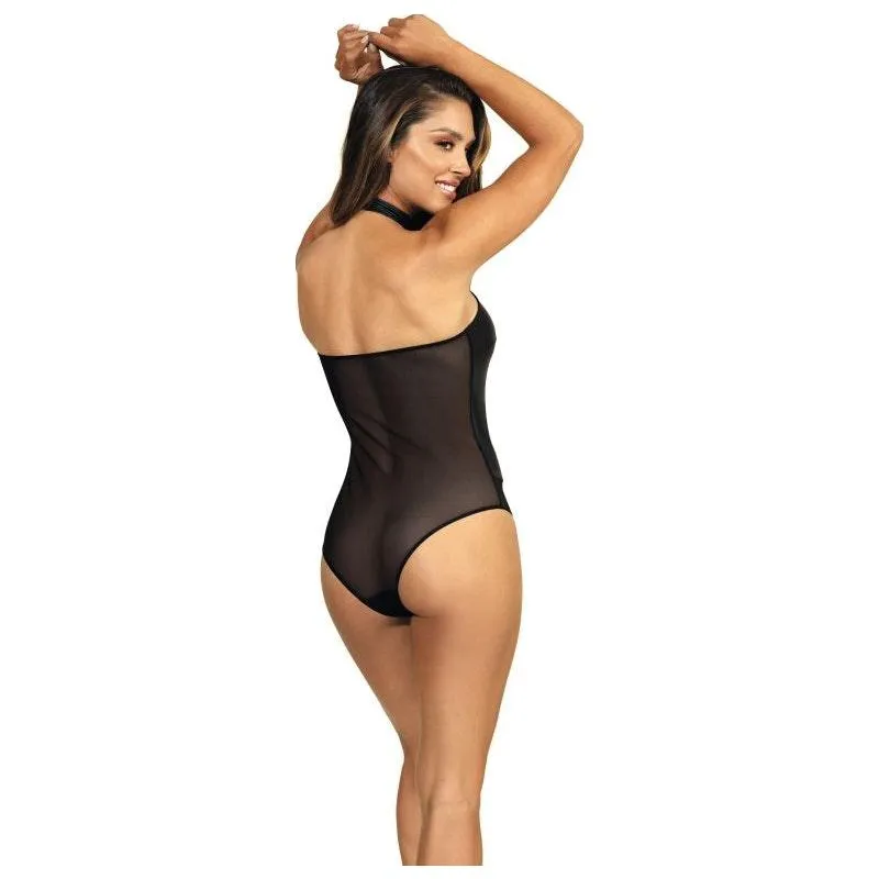 Stretch Wetlook Mesh Panel Bodysuit Black