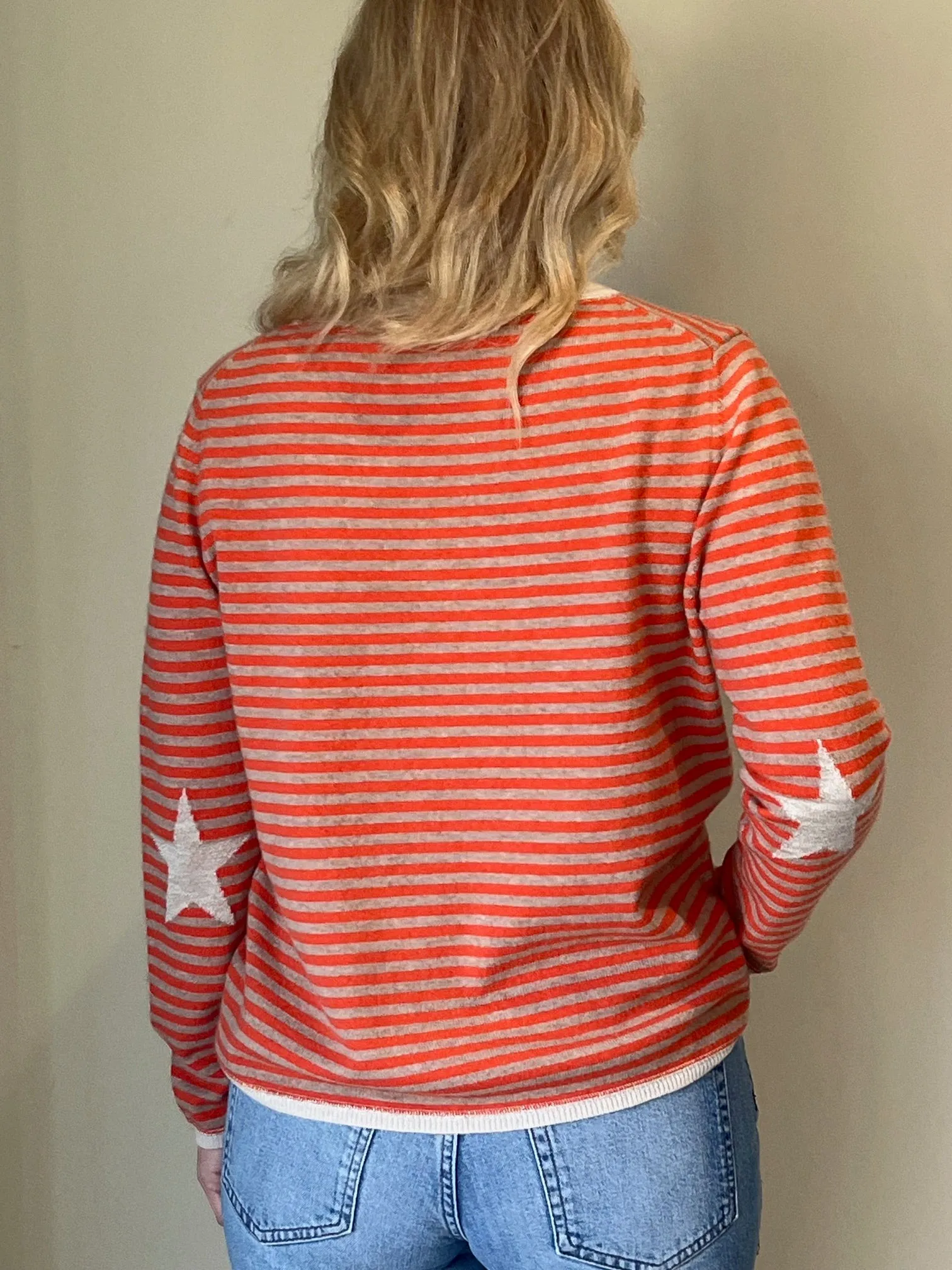 Striped boxy crew neck with star intarsia elbows