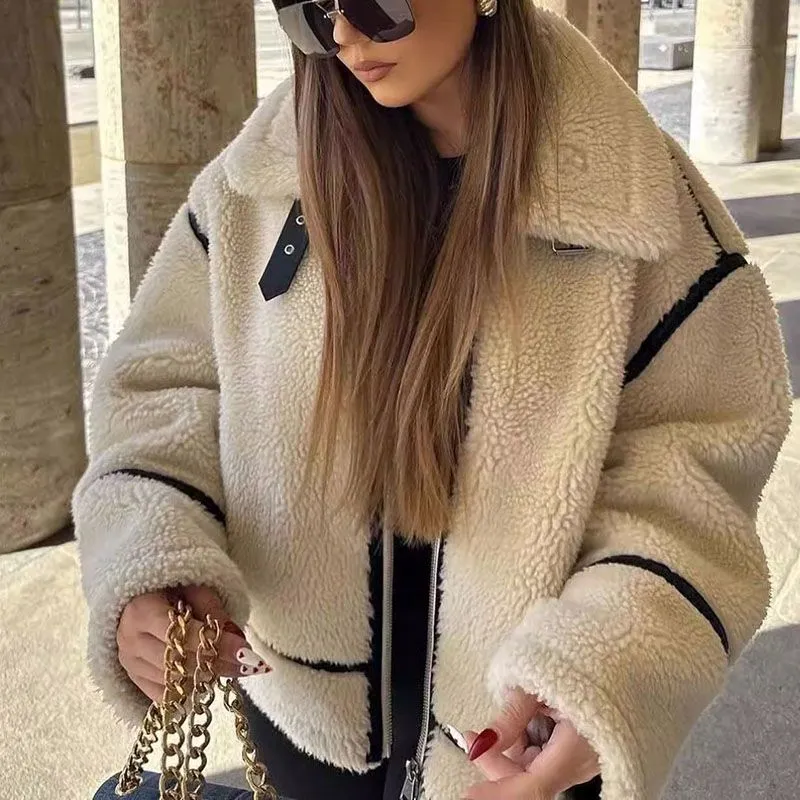 Stylish Winter Faux Fur Moto Biker Jacket With Fur Collar