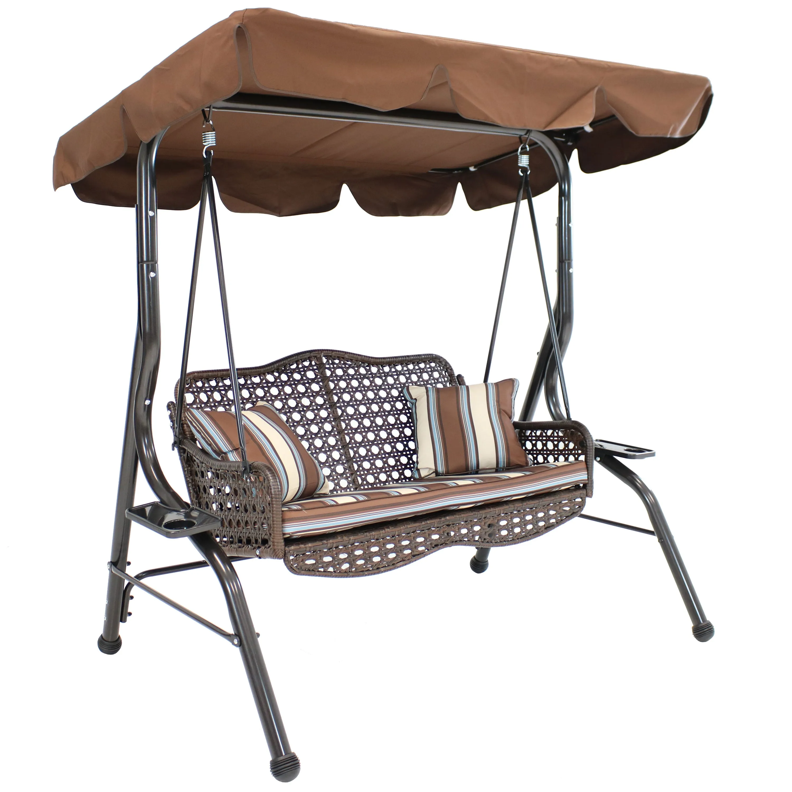 Sunnydaze 2-Person Outdoor Patio Swing with Side Tables - Brown Stripe Cushions and Pillow