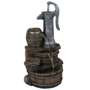 Sunnydaze Cozy Farmhouse Pump and Barrels Outdoor Fountain with Lights