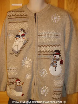 Tacky Cheesy Holiday Sweater with Snowman Friends Sledding (f1178)