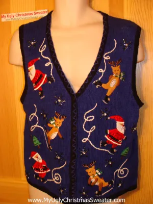 Tacky Ugly Christmas Sweater Vest Funny Skating Santa and Reindeer  (f46)