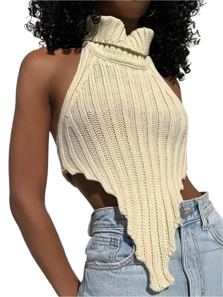 TEEK - Knitted Cascading Turtleneck Sleeveless Top