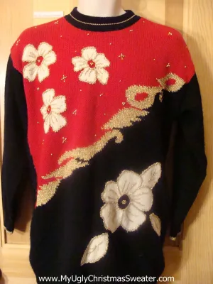 Ugly 80s Christmas Sweater with White Poinsettias and Gold Bling