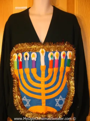 Ugly Christmas Sweater Party Hanukkah Sweater Mens with Menorah (j224)