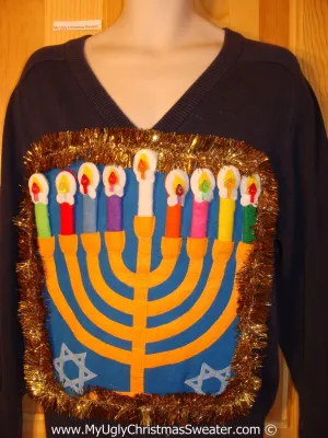 Ugly Christmas Sweater Party Hanukkah Sweater Mens with Menorah (j240)