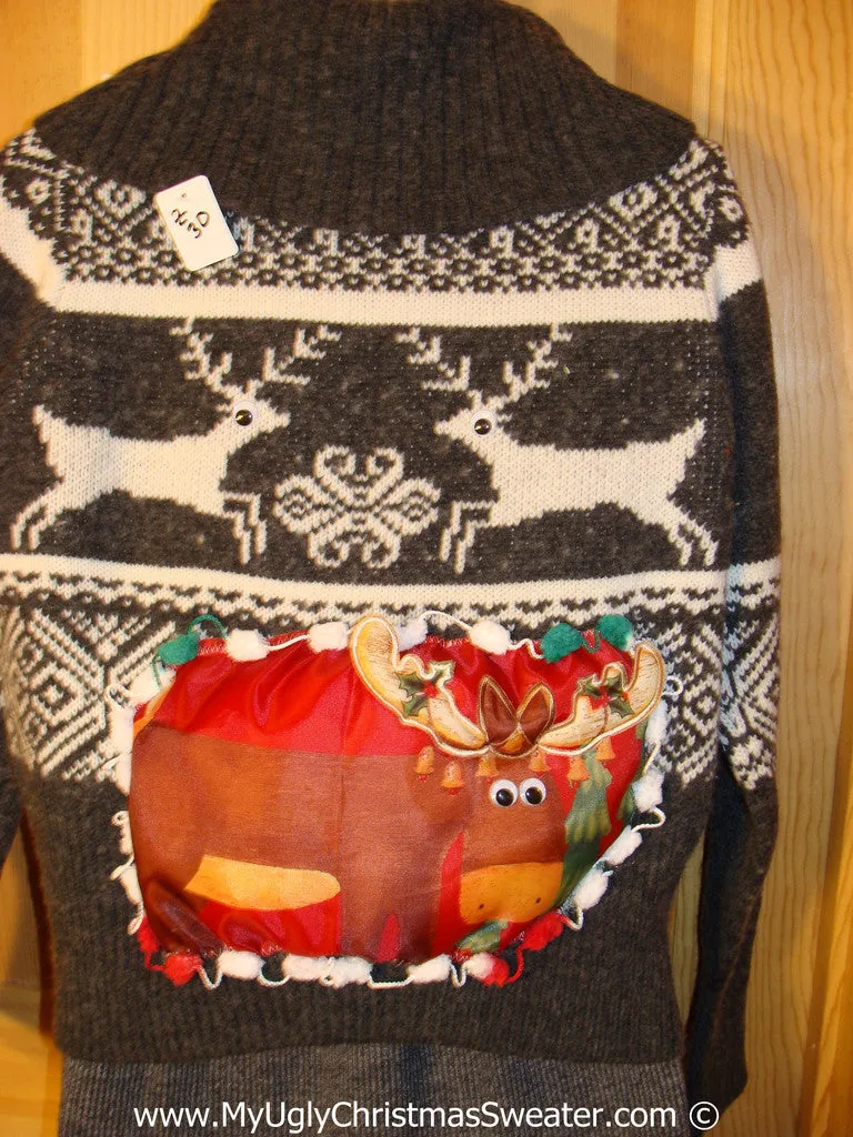 Ugly Christmas Sweater Party Holy Grail of Ugly Sweater with Vintage Leaping Reineer and Also 3D Puffy Reindeer on Front and Back (z30)