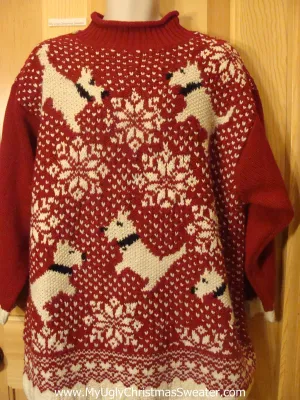 Ugly Christmas Sweater Red Snowflakes Scottie Dogs