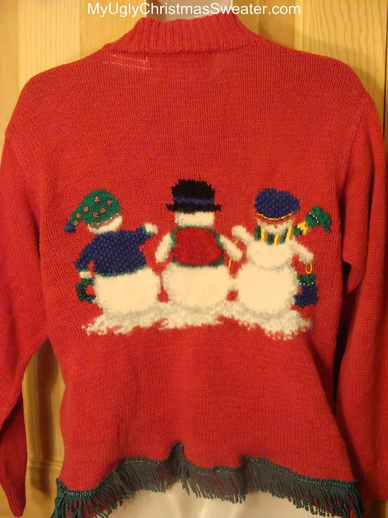 Ugly Red Christmas Sweater 2-sided Snowmen Coming and Going