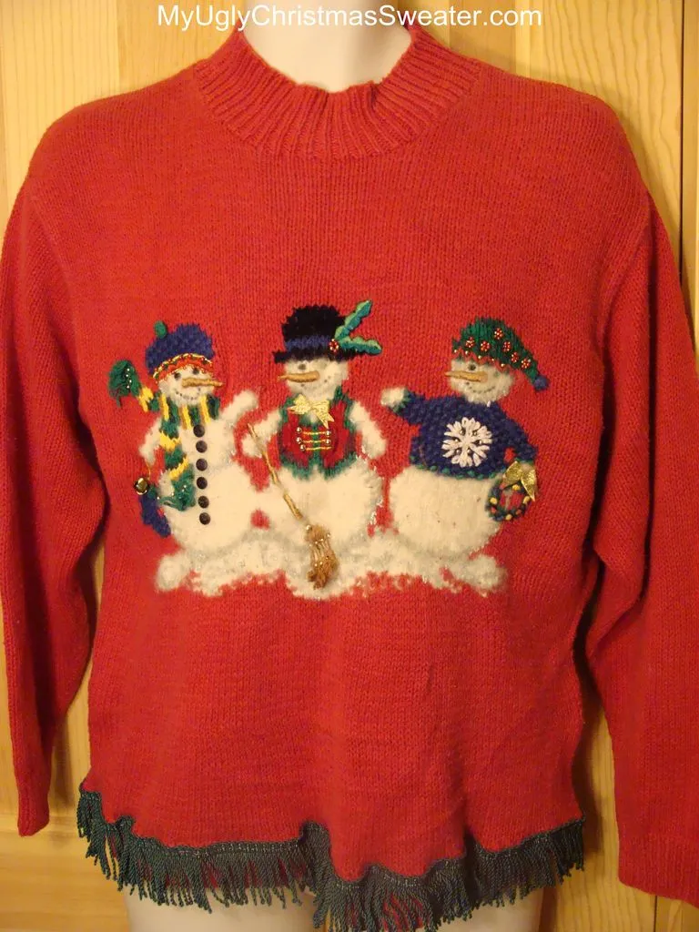 Ugly Red Christmas Sweater 2-sided Snowmen Coming and Going