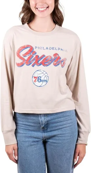 Ultra Game NBA Official Women's Super-Soft Crop Top Shirt, Philadelphia 76ers, Sand|Philadelphia 76ers