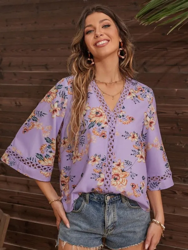 V-neck patchwork lace flared sleeve shirt