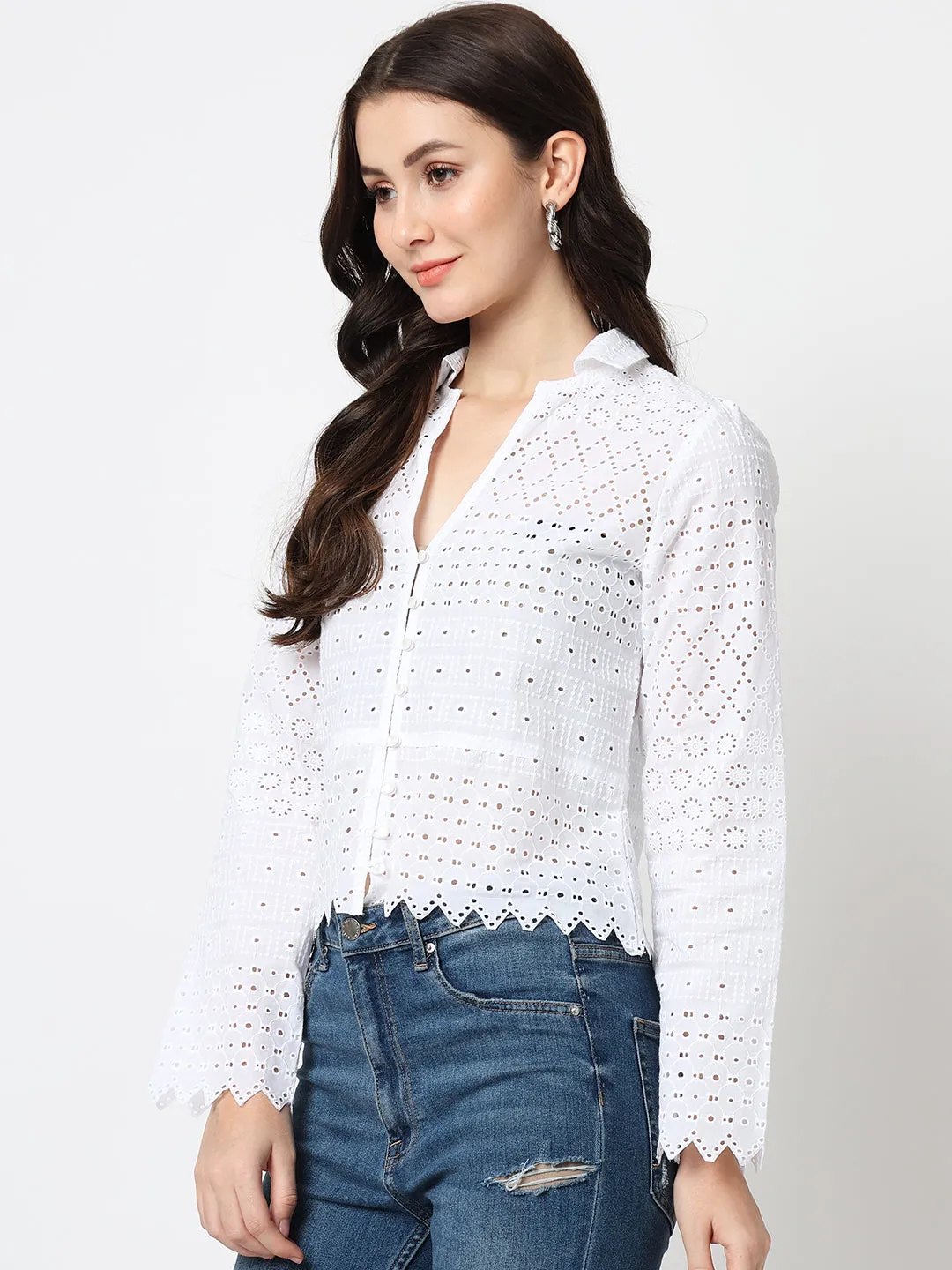 White Schiffli Long Sleeves Top