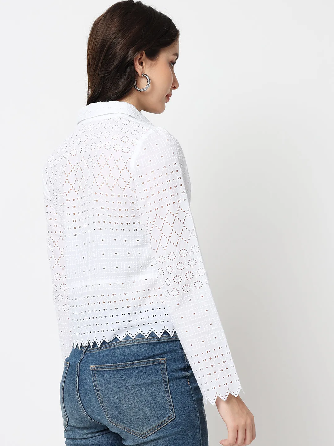 White Schiffli Long Sleeves Top