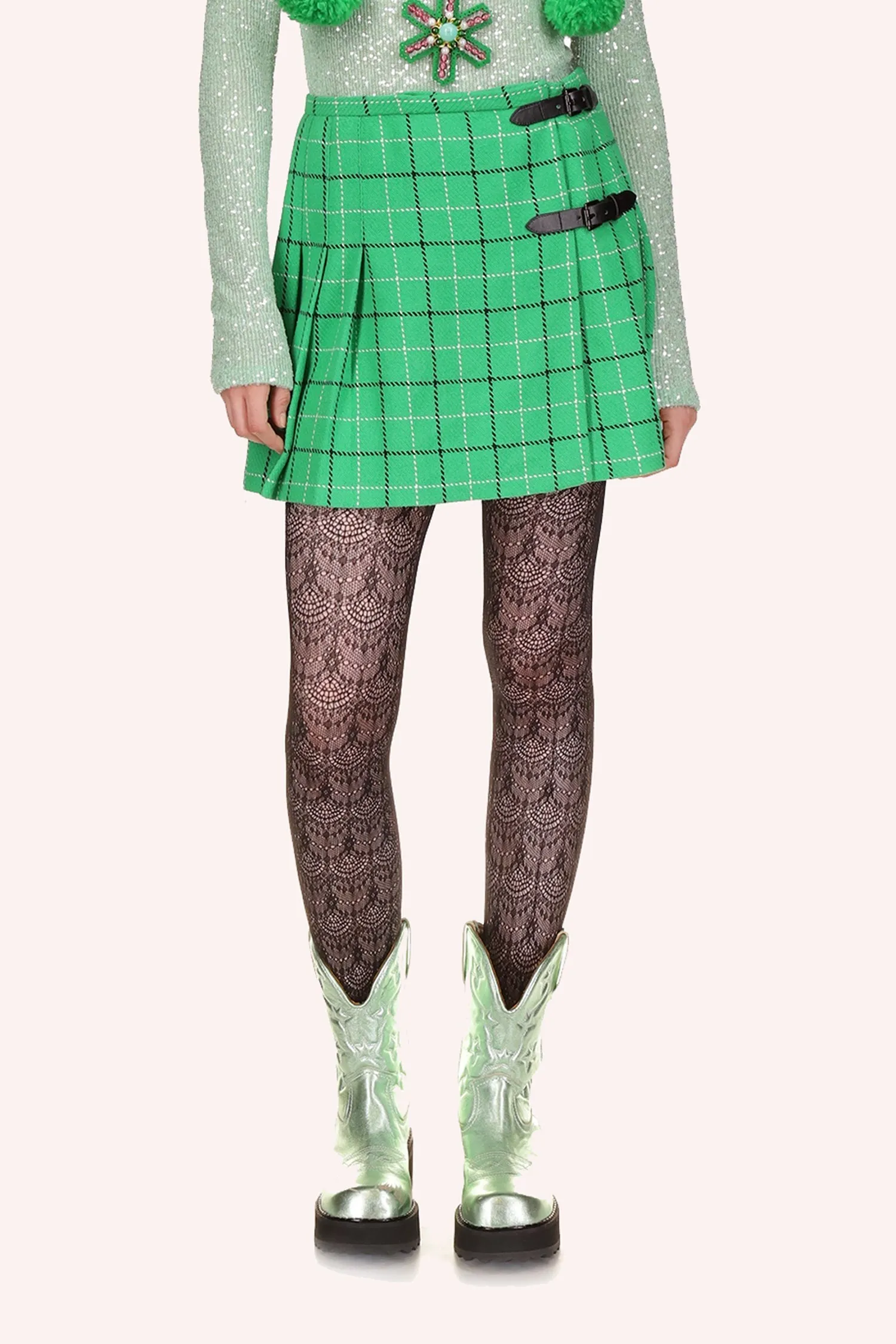 Windowpane Pleated Skirt