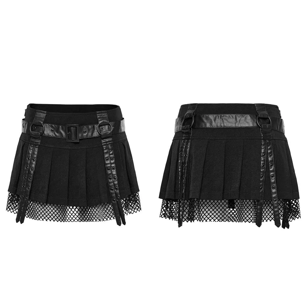 Women's Punk Mesh Splice Straps Pleated Skirt