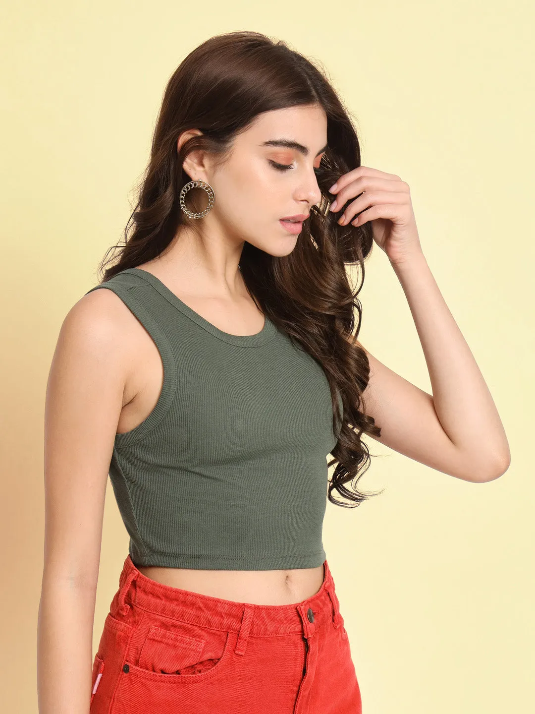 Women's Sleeveless Fitted Olive Top