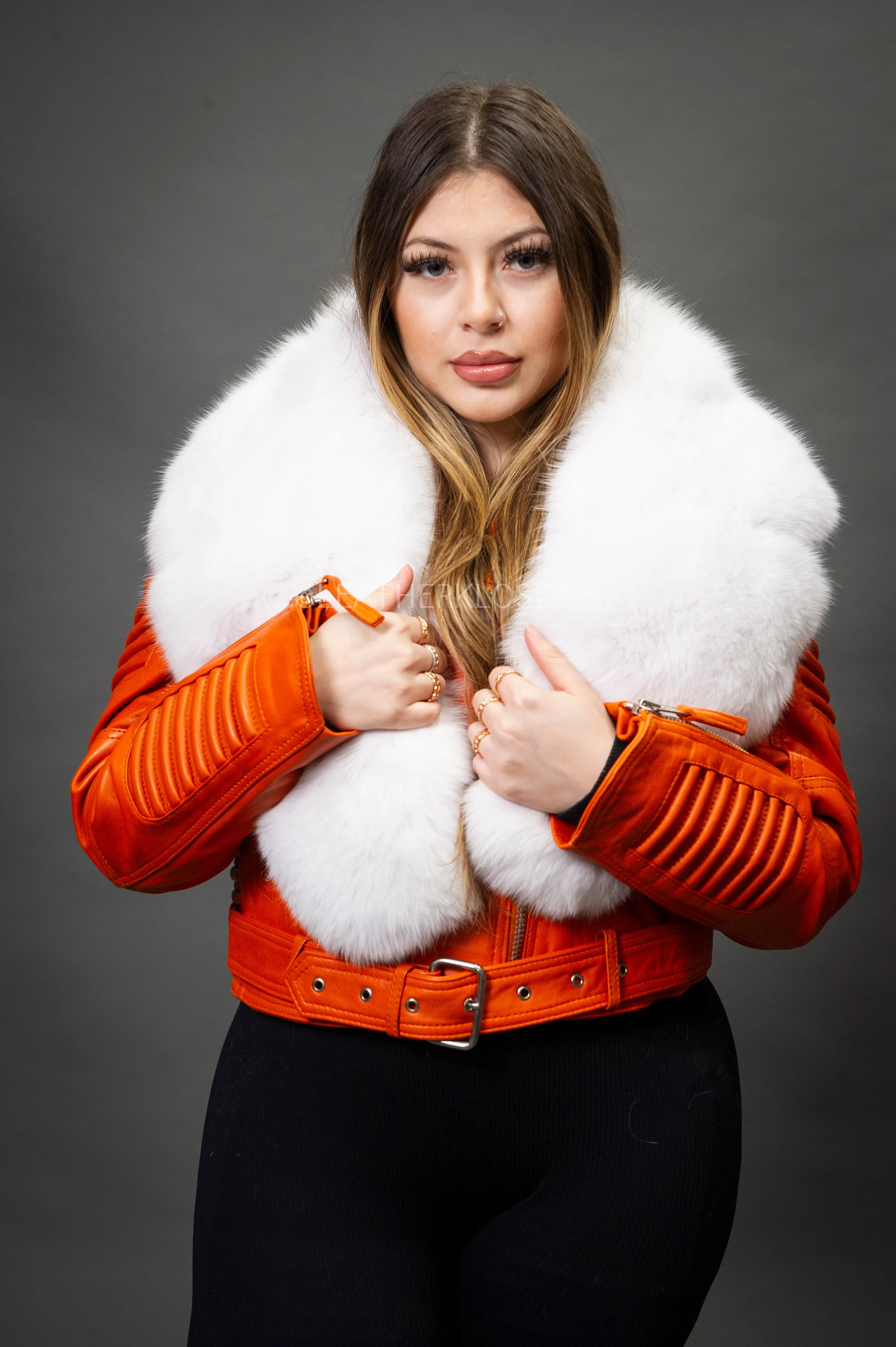 Women's Trey Biker Orange Oversized Fox Collar [Pure White Fox]