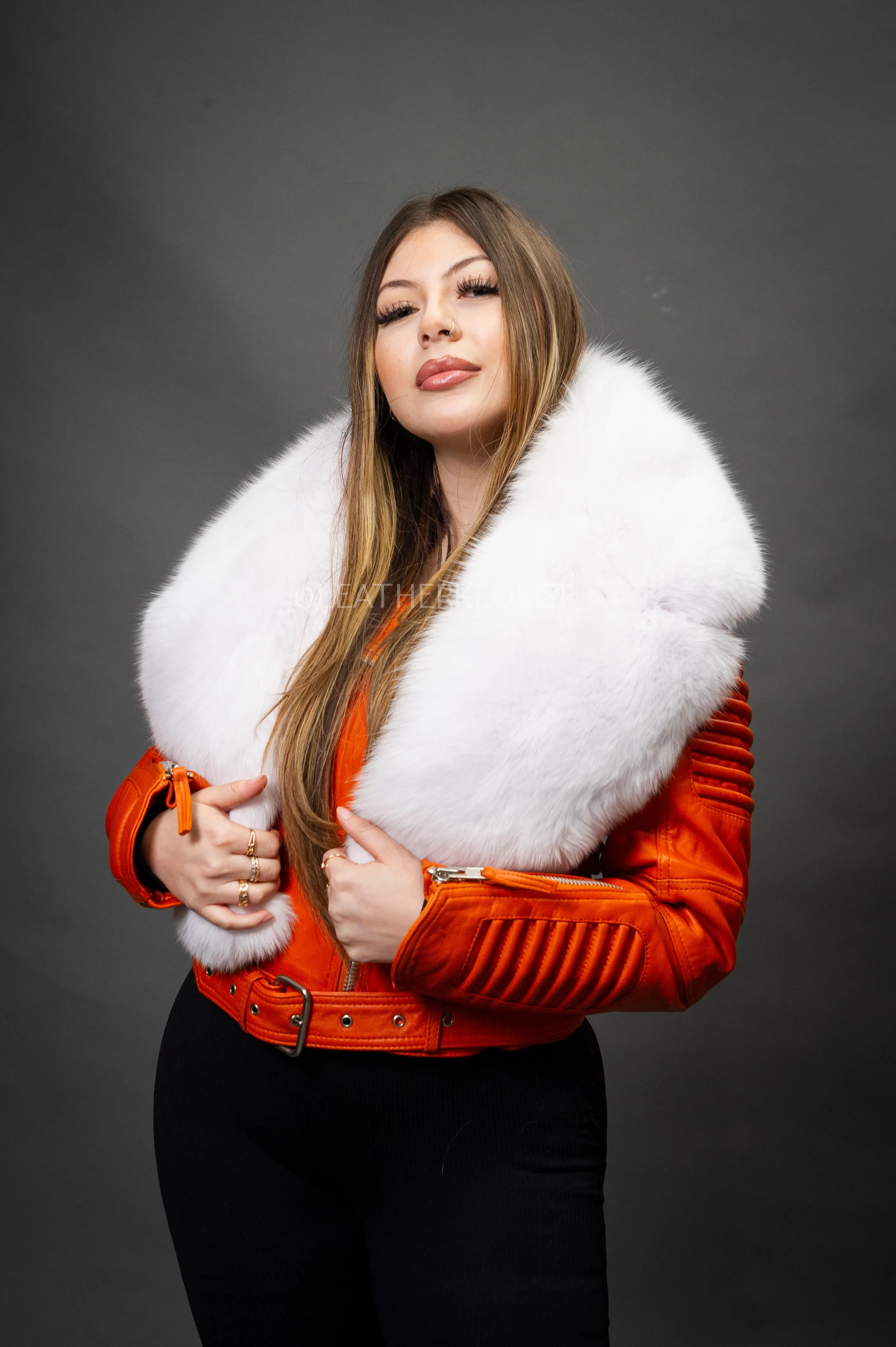 Women's Trey Biker Orange Oversized Fox Collar [Pure White Fox]