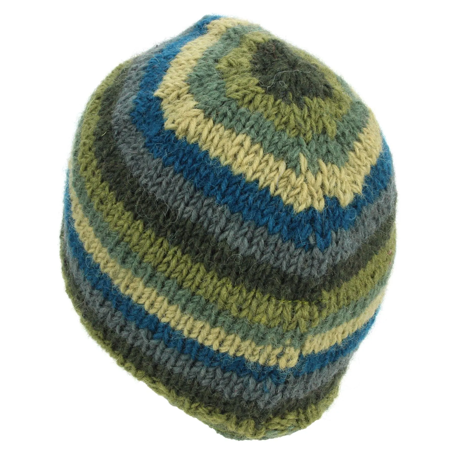 Wool Knit Beanie Hat - Stripe Green Blue