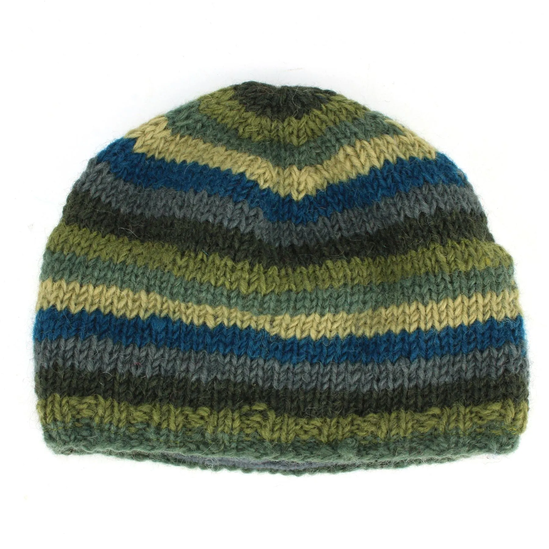 Wool Knit Beanie Hat - Stripe Green Blue