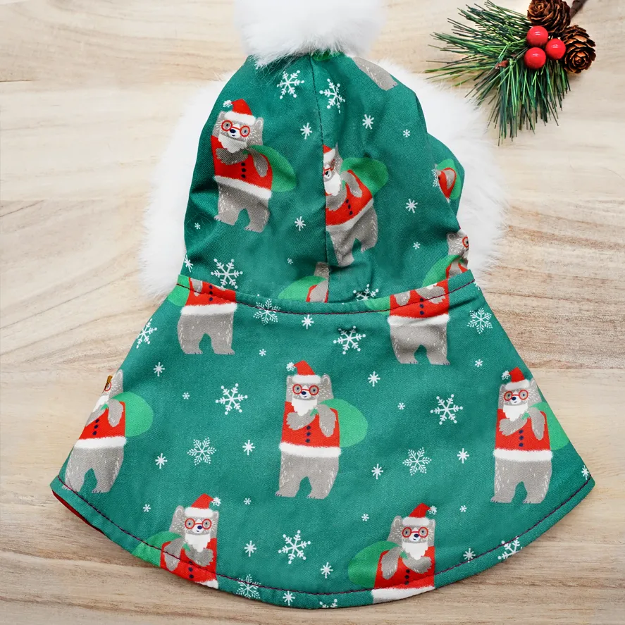 Xmas Hoodie Cape - Santa Bear with White Faux Fur Trimmings